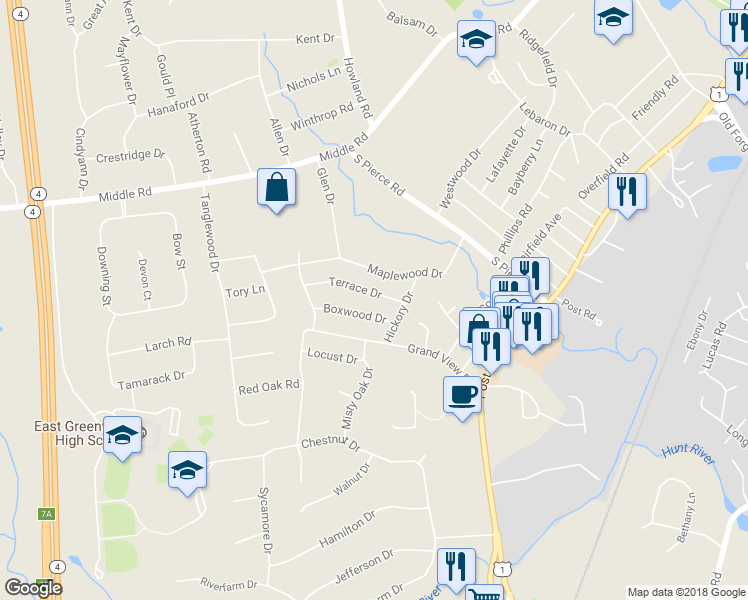 map of restaurants, bars, coffee shops, grocery stores, and more near 34 Terrace Drive in East Greenwich