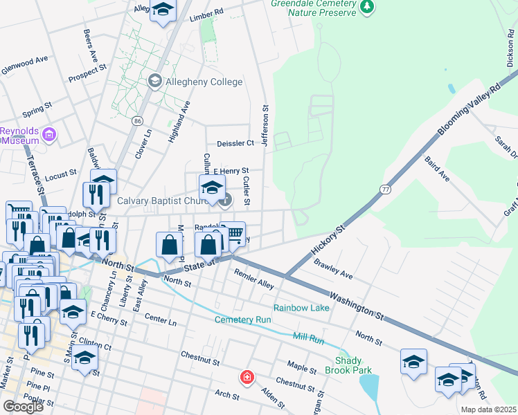 map of restaurants, bars, coffee shops, grocery stores, and more near 605 Randolph Street in Meadville