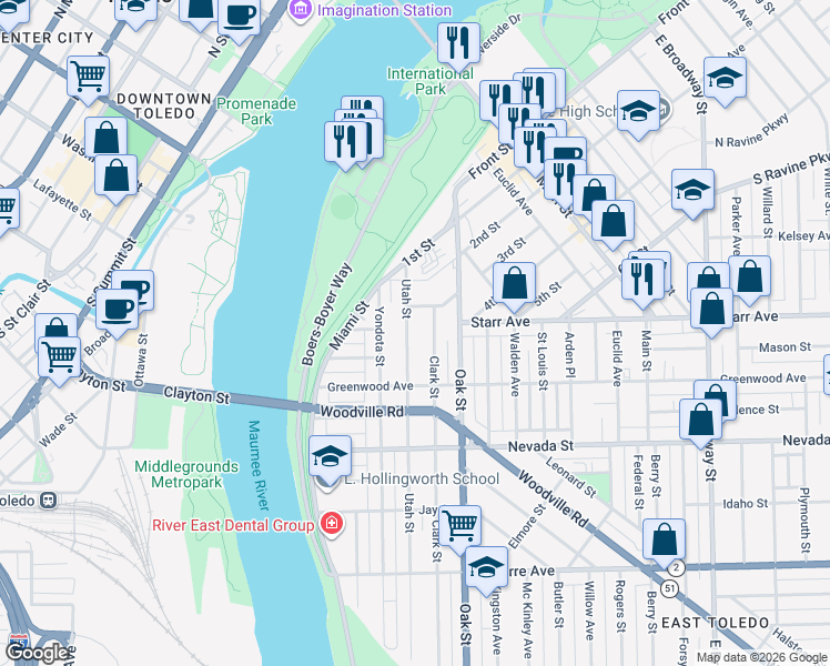 map of restaurants, bars, coffee shops, grocery stores, and more near 405 Utah St in Toledo