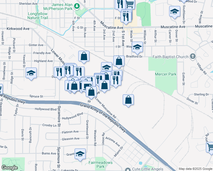 map of restaurants, bars, coffee shops, grocery stores, and more near 1621 S 1st Ave in Iowa City