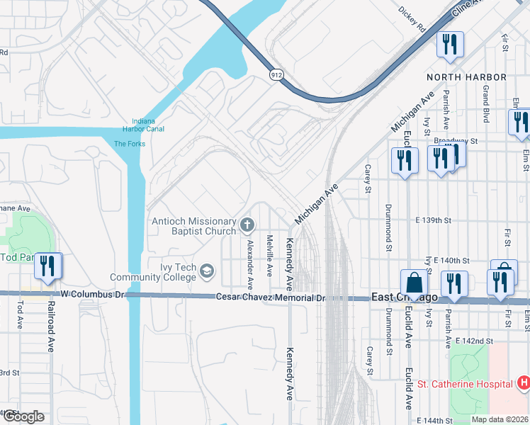 map of restaurants, bars, coffee shops, grocery stores, and more near 3810 Melville Avenue in East Chicago