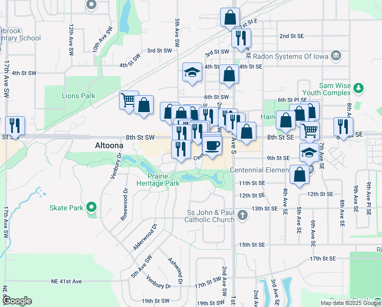 map of restaurants, bars, coffee shops, grocery stores, and more near 415 Center Place in Altoona