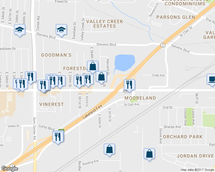map of restaurants, bars, coffee shops, grocery stores, and more near 36625 Vine Street in Kirtland