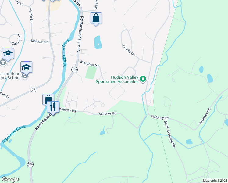 map of restaurants, bars, coffee shops, grocery stores, and more near 93 Macghee Road in Poughkeepsie