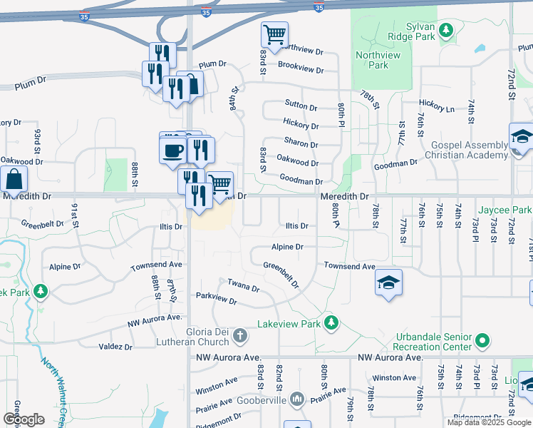 map of restaurants, bars, coffee shops, grocery stores, and more near 4513 83rd Street in Urbandale