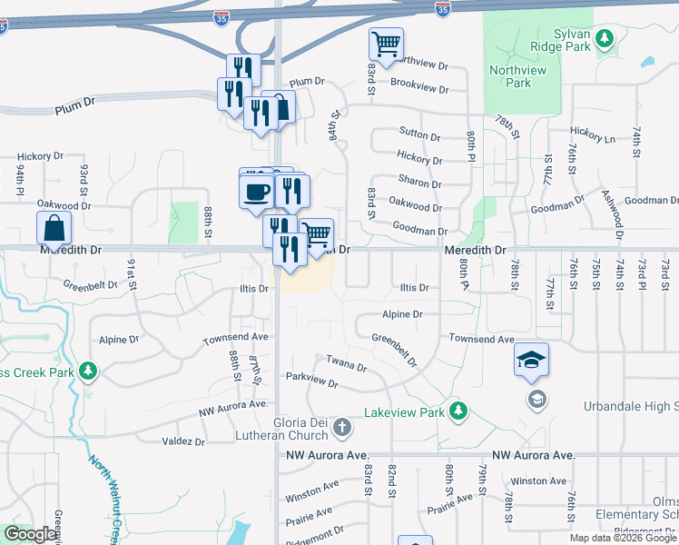 map of restaurants, bars, coffee shops, grocery stores, and more near 4512 84th St in Urbandale