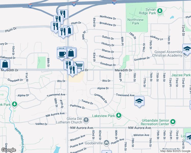 map of restaurants, bars, coffee shops, grocery stores, and more near 4513 83rd Street in Urbandale