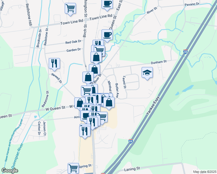map of restaurants, bars, coffee shops, grocery stores, and more near 48 Minthal Drive in Southington