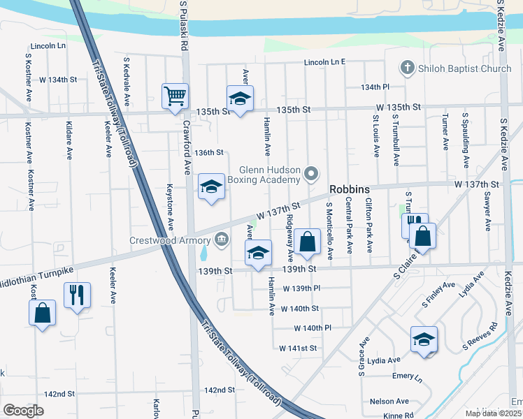 map of restaurants, bars, coffee shops, grocery stores, and more near 3804 West 137th Street in Robbins