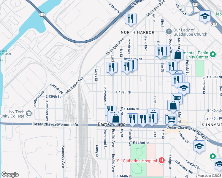 map of restaurants, bars, coffee shops, grocery stores, and more near 3840 Euclid Avenue in East Chicago
