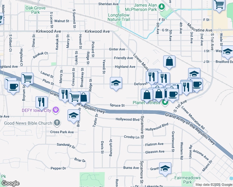map of restaurants, bars, coffee shops, grocery stores, and more near 1355 Deforest Avenue in Iowa City