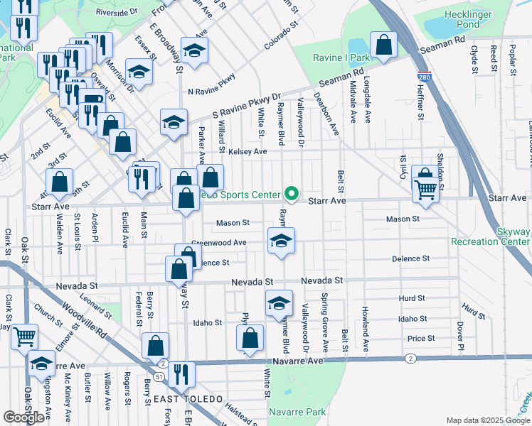 map of restaurants, bars, coffee shops, grocery stores, and more near 417 White Street in Toledo