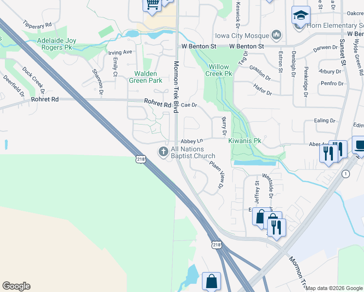 map of restaurants, bars, coffee shops, grocery stores, and more near 2331 Abbey Ln in Iowa City