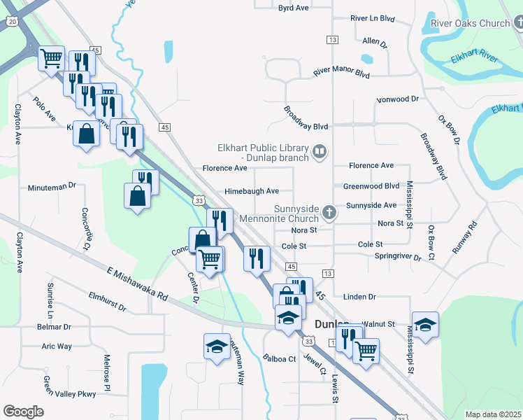 map of restaurants, bars, coffee shops, grocery stores, and more near 23995 Sunnyside Avenue in Elkhart
