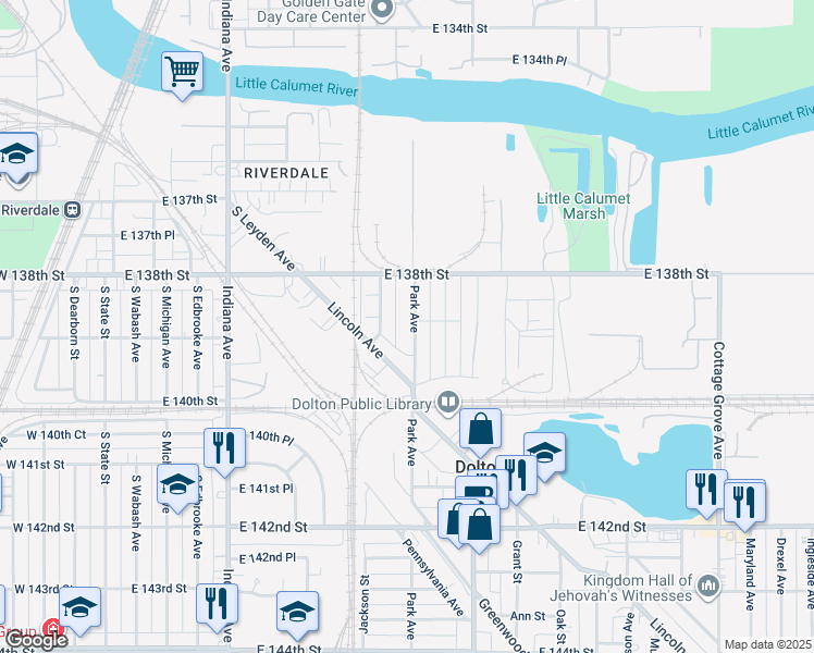 map of restaurants, bars, coffee shops, grocery stores, and more near 13842 Park Avenue in Dolton