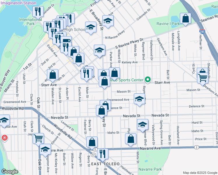 map of restaurants, bars, coffee shops, grocery stores, and more near 417 East Broadway Street in Toledo