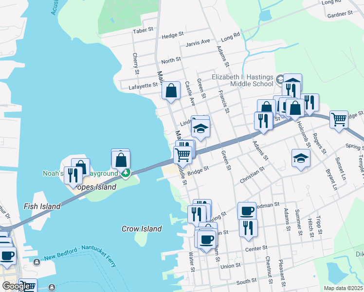 map of restaurants, bars, coffee shops, grocery stores, and more near 140 Main Street in Fairhaven