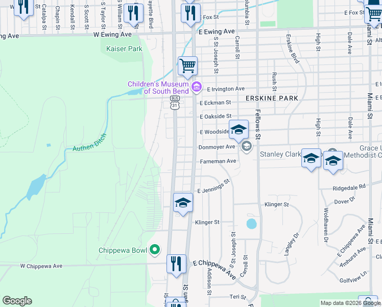 map of restaurants, bars, coffee shops, grocery stores, and more near 3009 South Michigan Street in South Bend