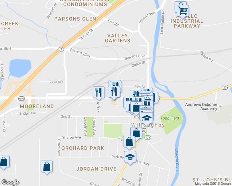 map of restaurants, bars, coffee shops, grocery stores, and more near 3966 Church Street in Kirtland