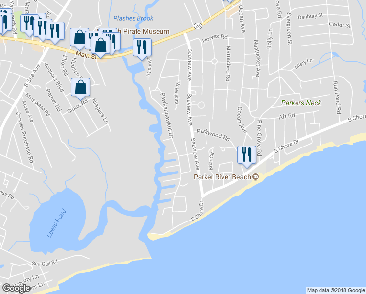 map of restaurants, bars, coffee shops, grocery stores, and more near 53 Parkers Neck Road in Yarmouth