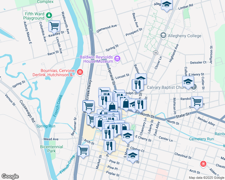 map of restaurants, bars, coffee shops, grocery stores, and more near 742 Terrace Street in Meadville