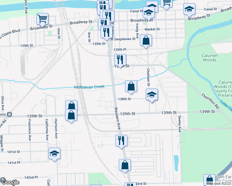 map of restaurants, bars, coffee shops, grocery stores, and more near 13749 Western Avenue in Blue Island