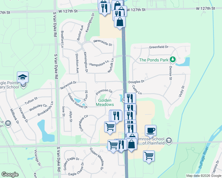 map of restaurants, bars, coffee shops, grocery stores, and more near 13152 Golden Meadow Drive in Plainfield