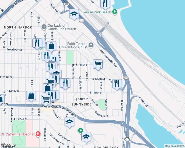 map of restaurants, bars, coffee shops, grocery stores, and more near 3824 Evergreen Street in East Chicago