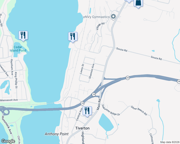 map of restaurants, bars, coffee shops, grocery stores, and more near 85 Shannon Avenue in Tiverton