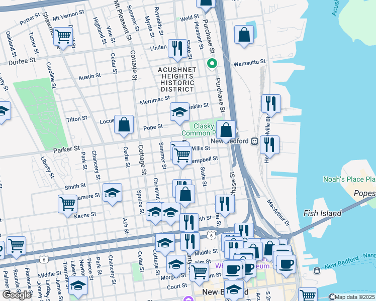 map of restaurants, bars, coffee shops, grocery stores, and more near 676 County Street in New Bedford