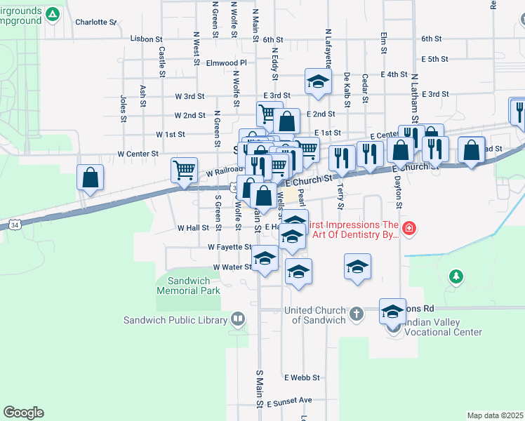 map of restaurants, bars, coffee shops, grocery stores, and more near 302 South Main Street in Sandwich