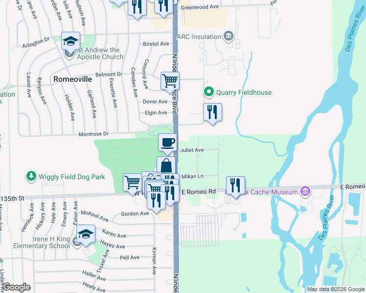 map of restaurants, bars, coffee shops, grocery stores, and more near 369 North Independence Boulevard in Romeoville