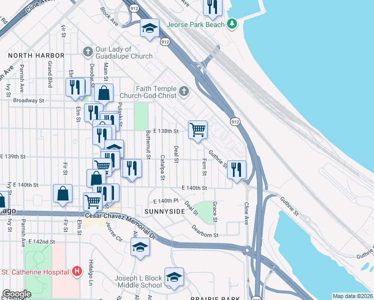 map of restaurants, bars, coffee shops, grocery stores, and more near 3824 Evergreen Street in East Chicago