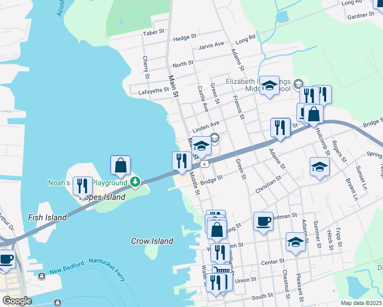 map of restaurants, bars, coffee shops, grocery stores, and more near 140 Main Street in Fairhaven