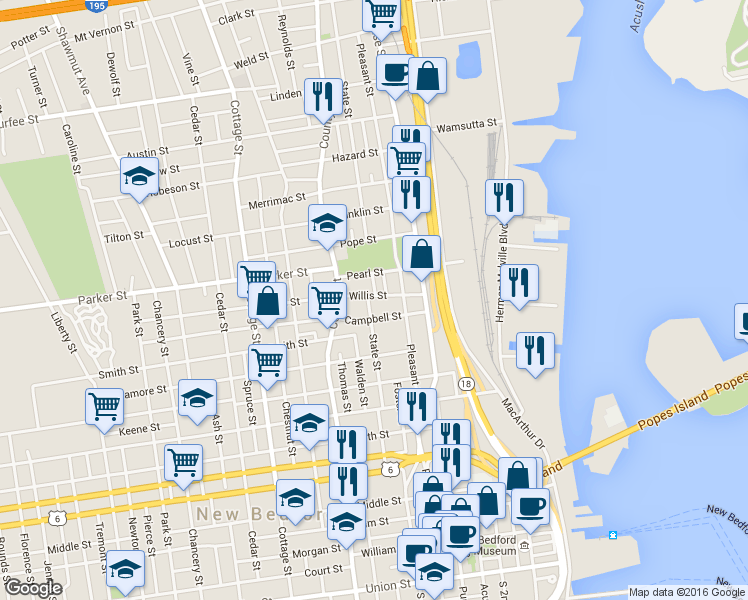 map of restaurants, bars, coffee shops, grocery stores, and more near 34 Willis Street in New Bedford