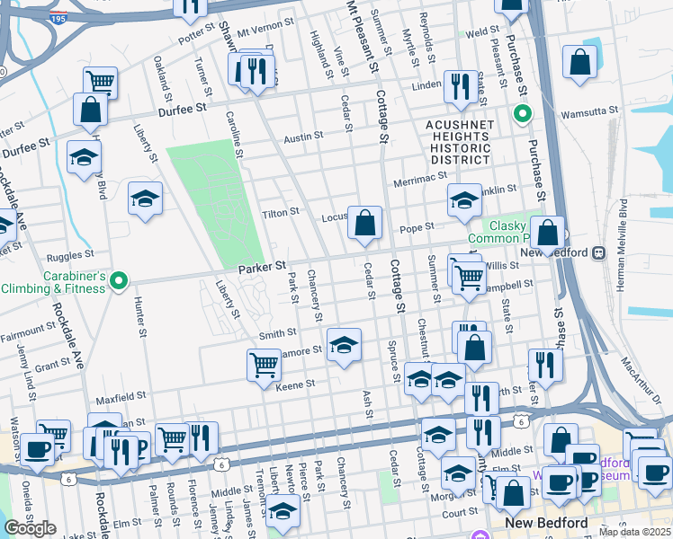map of restaurants, bars, coffee shops, grocery stores, and more near 47 Shawmut Avenue in New Bedford