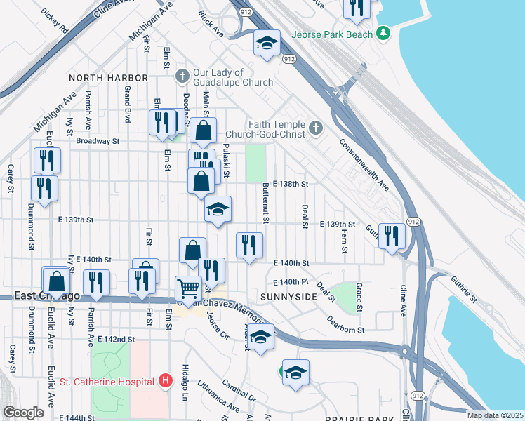map of restaurants, bars, coffee shops, grocery stores, and more near 3827 Butternut Street in East Chicago