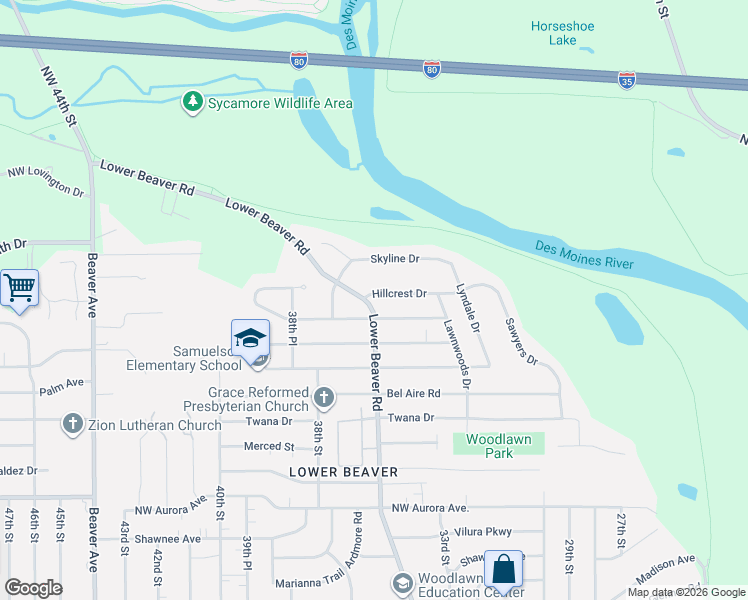 map of restaurants, bars, coffee shops, grocery stores, and more near 5011 Lower Beaver Road in Des Moines