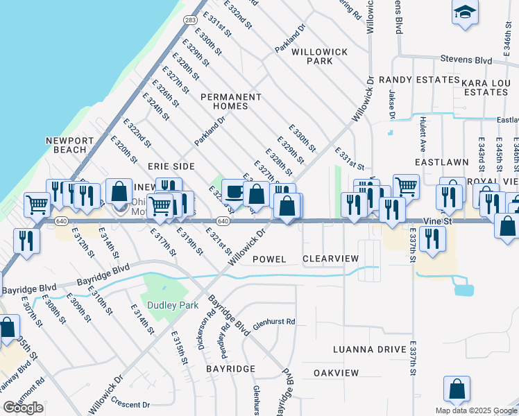 map of restaurants, bars, coffee shops, grocery stores, and more near 491 E 324th St in Willowick