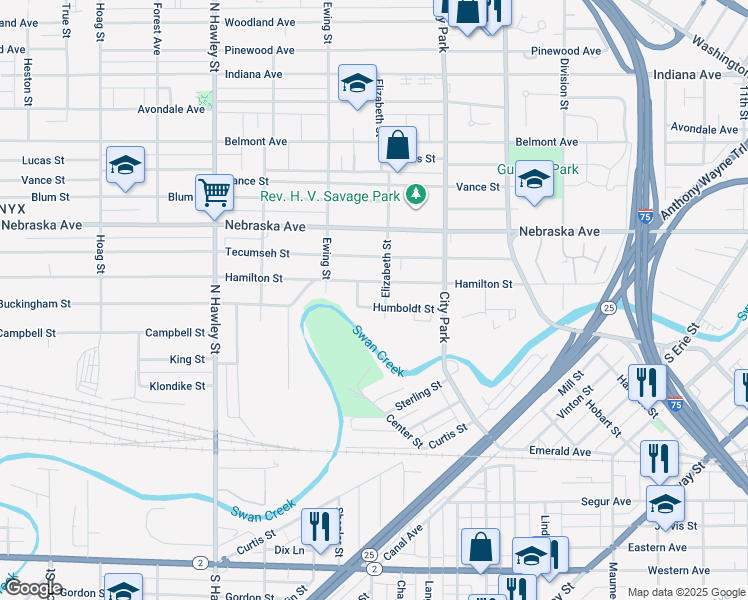 map of restaurants, bars, coffee shops, grocery stores, and more near 710 Humboldt Street in Toledo