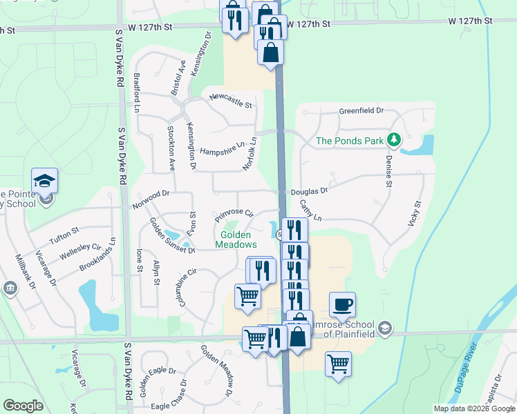 map of restaurants, bars, coffee shops, grocery stores, and more near 13152 Golden Meadow Drive in Plainfield