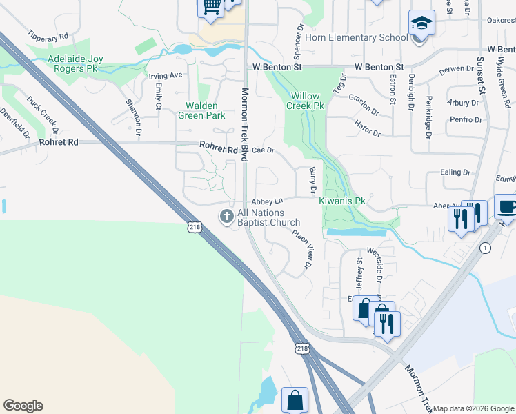 map of restaurants, bars, coffee shops, grocery stores, and more near 2319 Abbey Lane in Iowa City