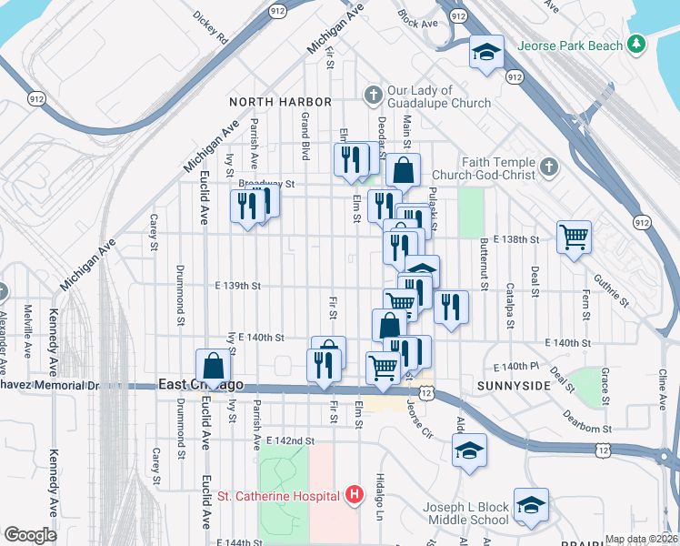 map of restaurants, bars, coffee shops, grocery stores, and more near 3827 Fir Street in East Chicago