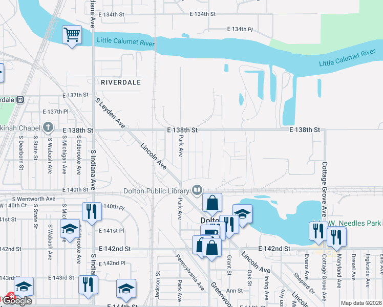 map of restaurants, bars, coffee shops, grocery stores, and more near 13840 Kanawha Avenue in Dolton