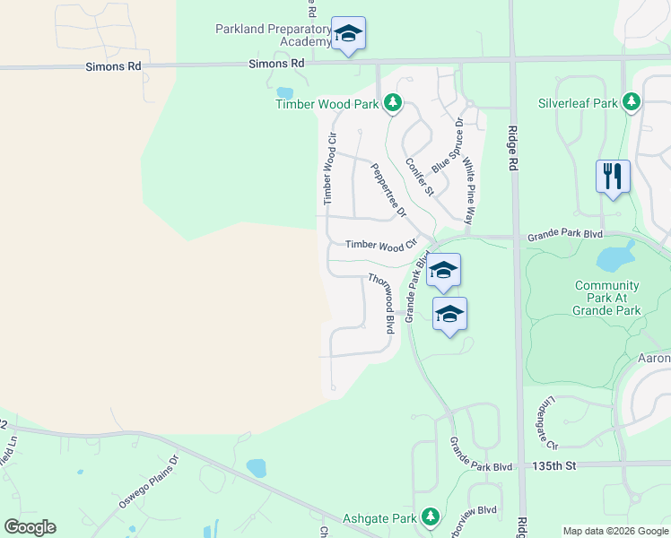 map of restaurants, bars, coffee shops, grocery stores, and more near 27002 Thornwood Boulevard in Plainfield
