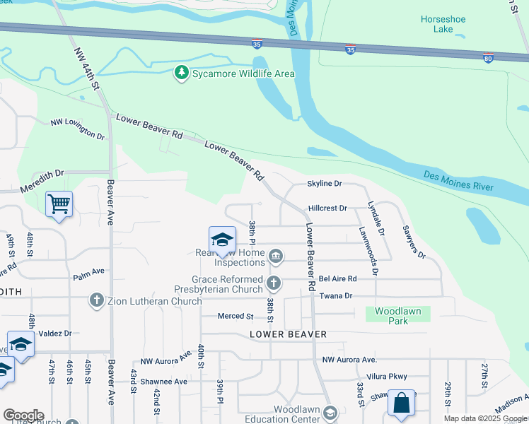 map of restaurants, bars, coffee shops, grocery stores, and more near 3808 Hillcrest Drive in Des Moines