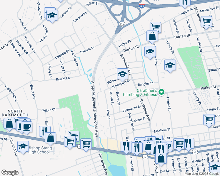 map of restaurants, bars, coffee shops, grocery stores, and more near 280 Nemasket Street in New Bedford