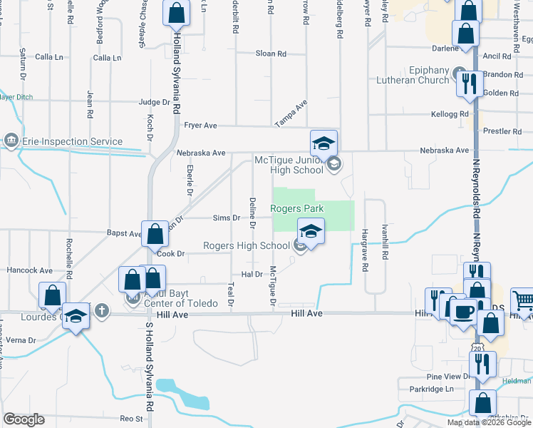 map of restaurants, bars, coffee shops, grocery stores, and more near 5708 Sims Drive in Toledo