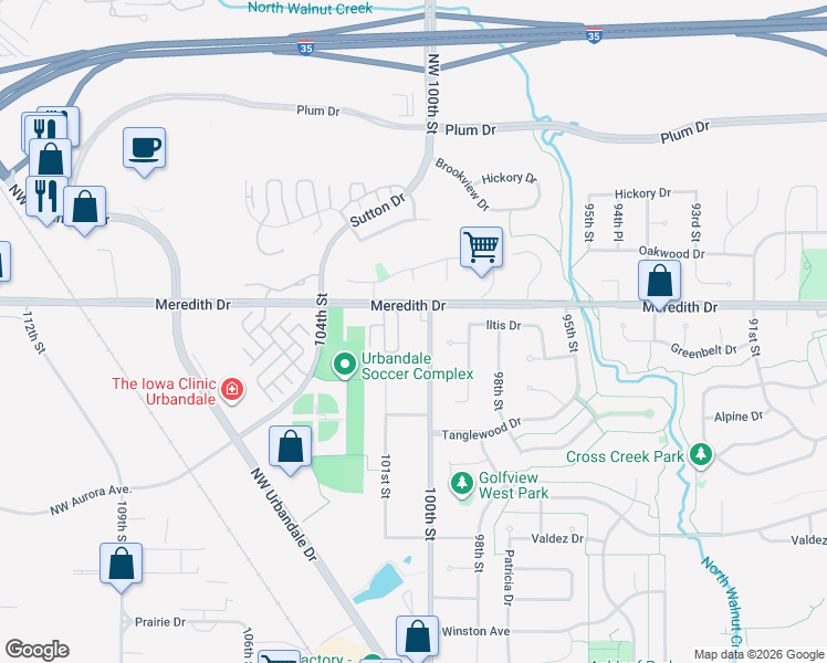 map of restaurants, bars, coffee shops, grocery stores, and more near 4520 100th Street in Urbandale