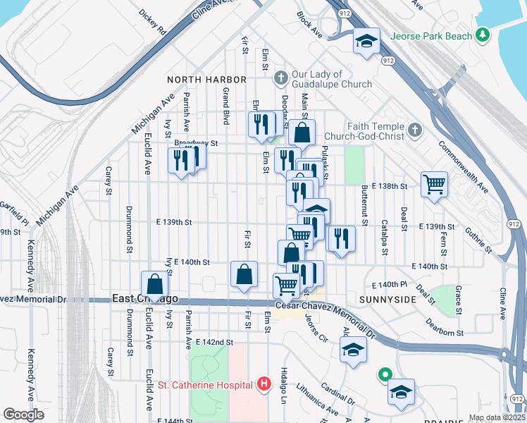 map of restaurants, bars, coffee shops, grocery stores, and more near 3826 Elm Street in East Chicago